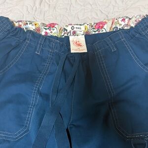 koi Teal Blue Scrub Pants with Floral Waistband